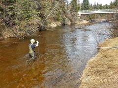 Andrew Williams, MSc. candidate, Trent U. measuring stream flow on the Pigeon River.